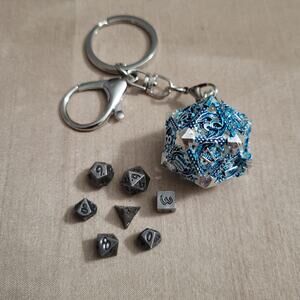 Mini DND blue gamer keychain dice set 6mm set of 7 polyhedral dice in D20